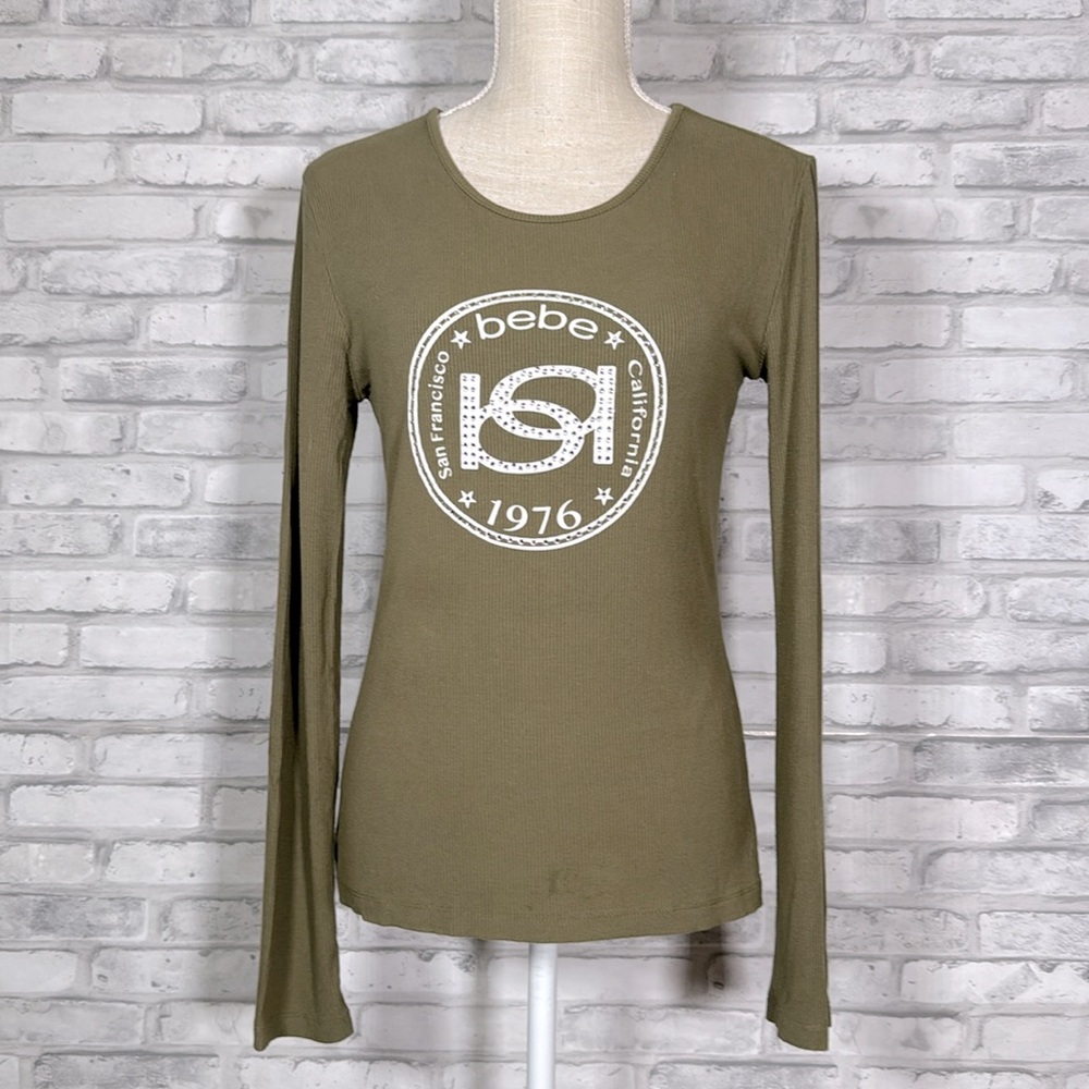 Bebe Martini Green Long Sleeve Rhinestone Top